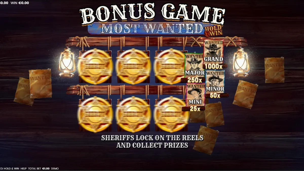 Interface do jogo de slot Most Wanted: Hold & Win com temática de Velho Oeste